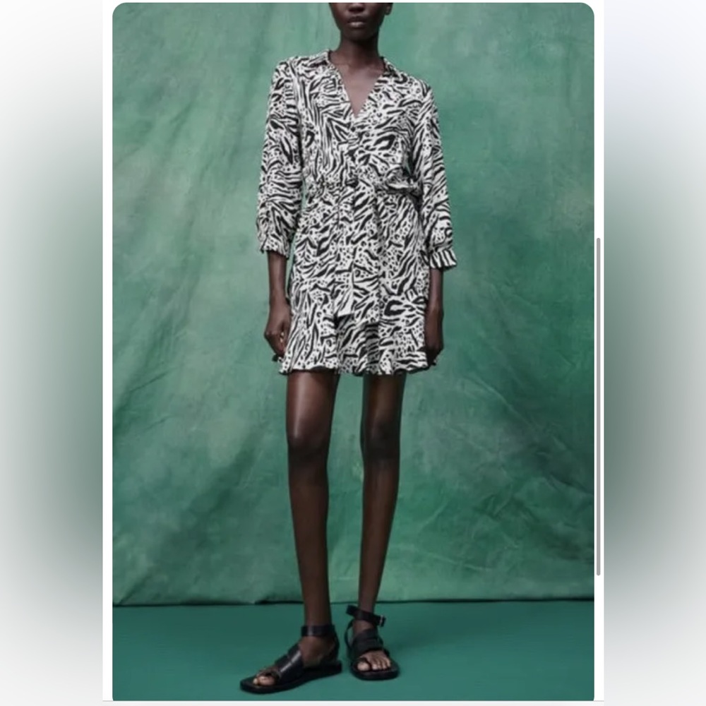 Zara NWT-Waist Long Sleeve Animal Print Collared Shirt Dress M Black/White